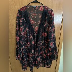 Torrid Women's Top Sz 5 Floral Black Peach Long Sleeve Babydoll Chiffon Lace